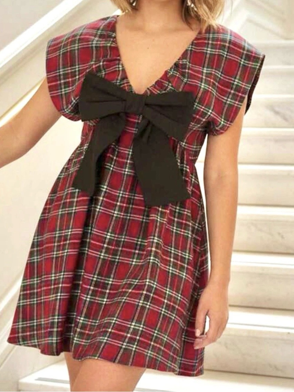 Red Plaid Babydoll Mini Dress Bow Tie All Wrapped Up Womens Small Dark Academia